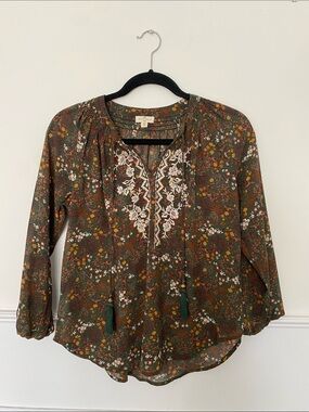 Embroidered Forest Green Floral Peasant Blouse with Tassel Ties